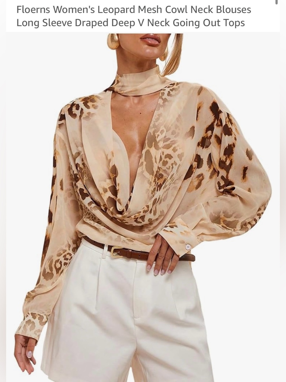 Floerns Leopard Mesh Cowl Neck Blouse - Beige Animal Print